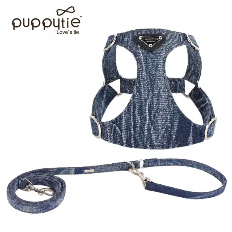 puppytie 胸背+牽繩組 牛仔三角標 水洗牛仔藍 (防止暴衝|穿戴方便)