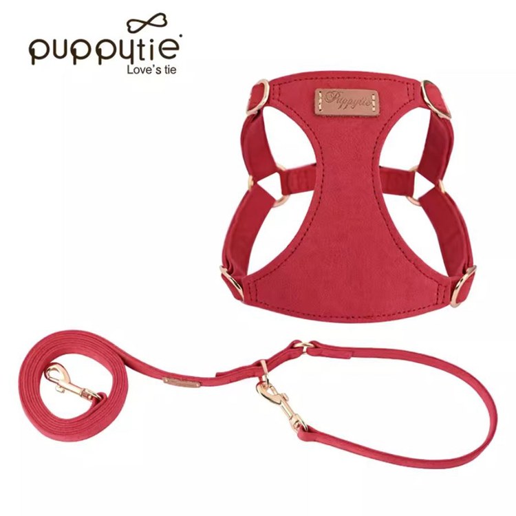 puppytie 胸背+牽繩組 純色系列 茶花紅 (防止暴衝|穿戴舒適)