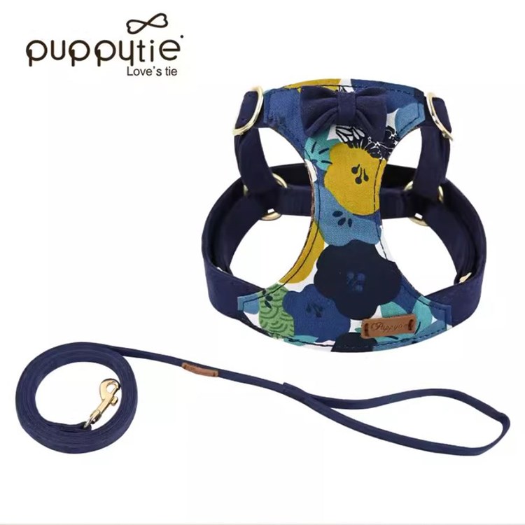 puppytie 胸背+牽繩組 花系列 貓胸背 藍 (柔軟面料|穿戴舒適)